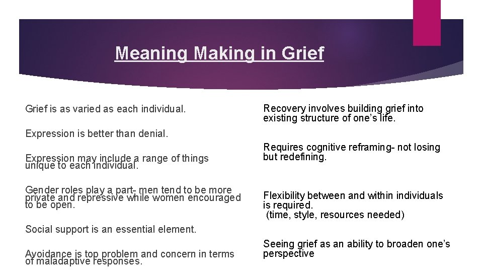 Meaning Making in Grief is as varied as each individual. Recovery involves building grief