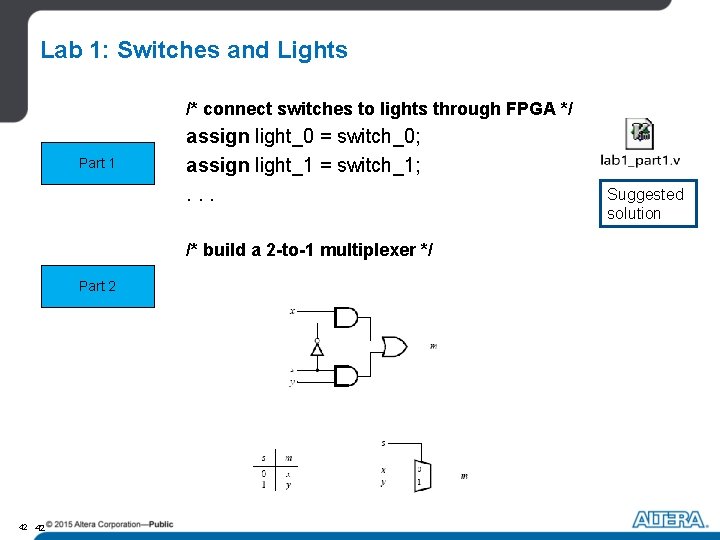 Lab 1: Switches and Lights /* connect switches to lights through FPGA */ Part