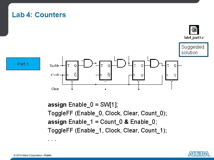 Lab 4: Counters Suggested solution Part 1 assign Enable_0 = SW[1]; Toggle. FF (Enable_0,