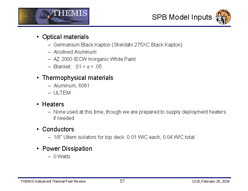 SPB Model Inputs • Optical materials – – Germanium Black Kapton (Sheldahl 275 XC
