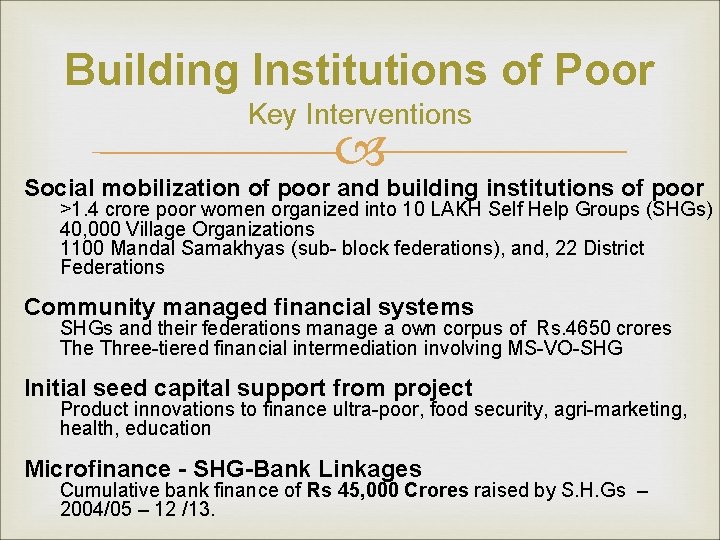 Building Institutions of Poor Key Interventions Social mobilization of poor and building institutions of