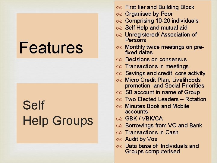  Features Self Help Groups First tier and Building Block Organised by Poor Comprising