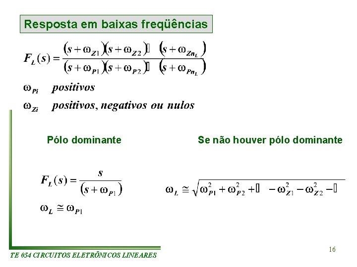 Resposta em baixas freqüências Pólo dominante TE 054 CIRCUITOS ELETRÔNICOS LINEARES Se não houver Resposta em baixas freqüências Pólo dominante TE 054 CIRCUITOS ELETRÔNICOS LINEARES Se não houver
