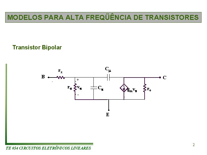 MODELOS PARA ALTA FREQÜÊNCIA DE TRANSISTORES Transistor Bipolar B C rx C + r MODELOS PARA ALTA FREQÜÊNCIA DE TRANSISTORES Transistor Bipolar B C rx C + r