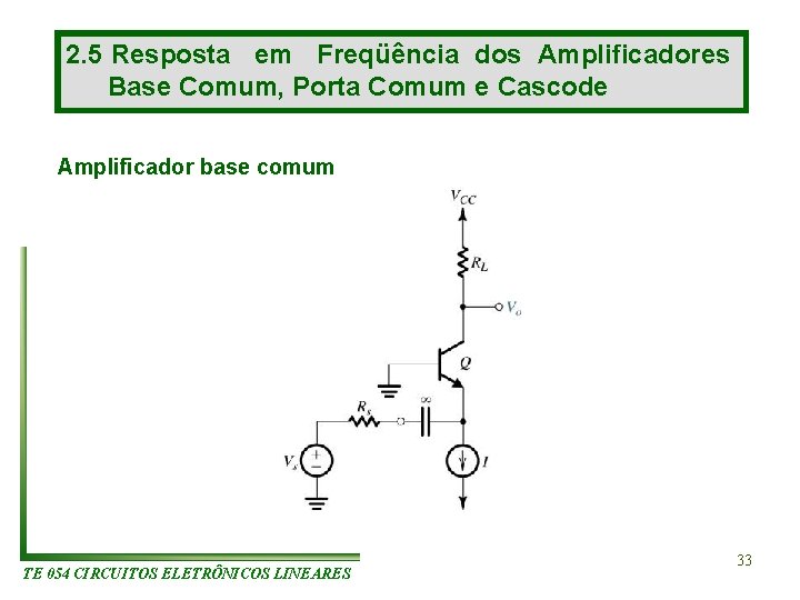 2. 5 Resposta em Freqüência dos Amplificadores Base Comum, Porta Comum e Cascode Amplificador 2. 5 Resposta em Freqüência dos Amplificadores Base Comum, Porta Comum e Cascode Amplificador