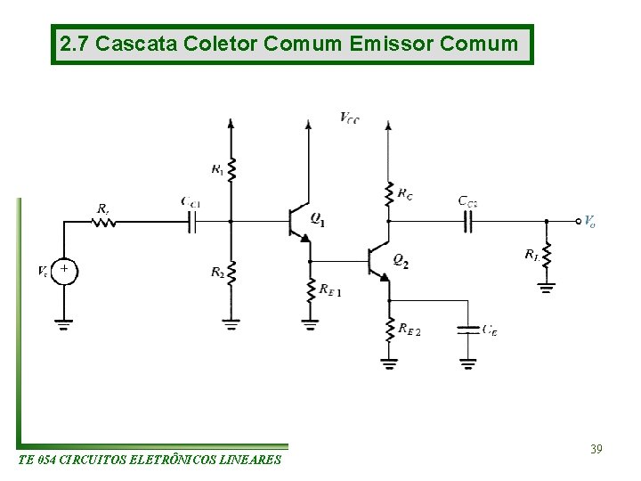 2. 7 Cascata Coletor Comum Emissor Comum TE 054 CIRCUITOS ELETRÔNICOS LINEARES 39 2. 7 Cascata Coletor Comum Emissor Comum TE 054 CIRCUITOS ELETRÔNICOS LINEARES 39