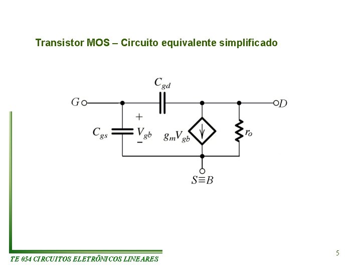 Transistor MOS – Circuito equivalente simplificado TE 054 CIRCUITOS ELETRÔNICOS LINEARES 5 Transistor MOS – Circuito equivalente simplificado TE 054 CIRCUITOS ELETRÔNICOS LINEARES 5