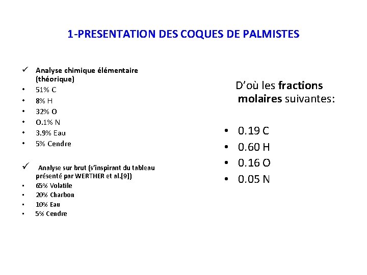 1 -PRESENTATION DES COQUES DE PALMISTES ü Analyse chimique élémentaire (théorique) • 51% C 1 -PRESENTATION DES COQUES DE PALMISTES ü Analyse chimique élémentaire (théorique) • 51% C