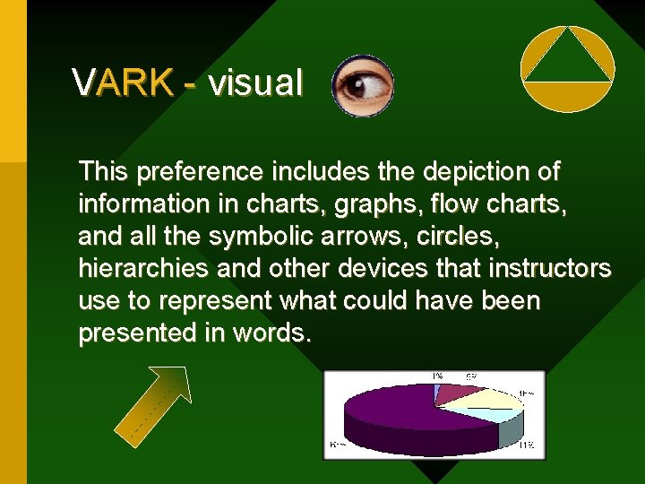 VARK - visual This preference includes the depiction of information in charts, graphs, flow