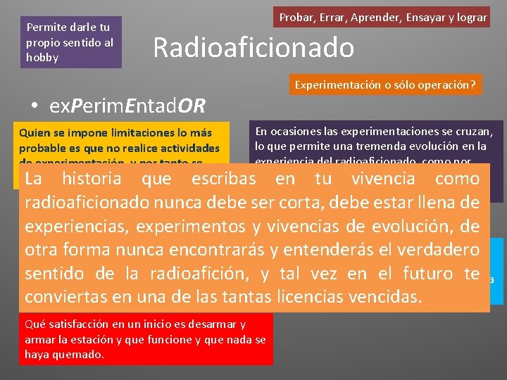 Permite darle tu propio sentido al hobby Probar, Errar, Aprender, Ensayar y lograr Radioaficionado