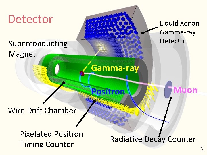 5 Liquid Xenon Gamma-ray Detector Superconducting Magnet Gamma-ray Positron Muon Wire Drift Chamber Pixelated