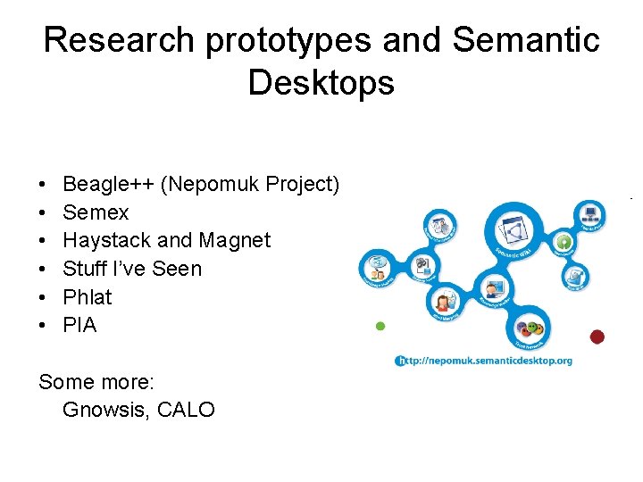 Research prototypes and Semantic Desktops • • • Beagle++ (Nepomuk Project) Semex Haystack and