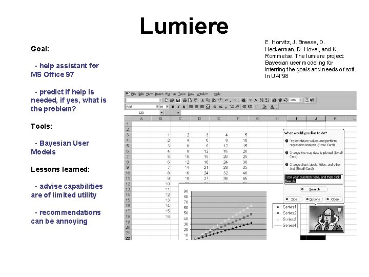 Lumiere Goal: - help assistant for MS Office 97 - predict if help is