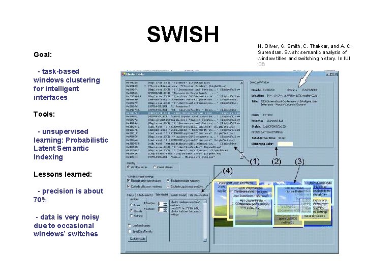 SWISH Goal: - task-based windows clustering for intelligent interfaces Tools: - unsupervised learning: Probabilistic