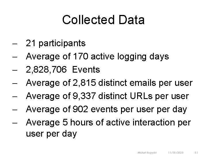 Collected Data - 21 participants Average of 170 active logging days 2, 828, 706