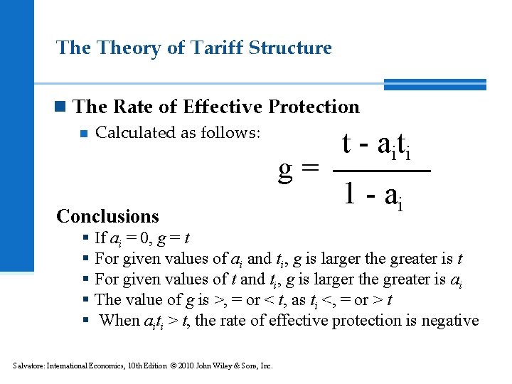 The Theory of Tariff Structure n The Rate of Effective Protection n Calculated as The Theory of Tariff Structure n The Rate of Effective Protection n Calculated as