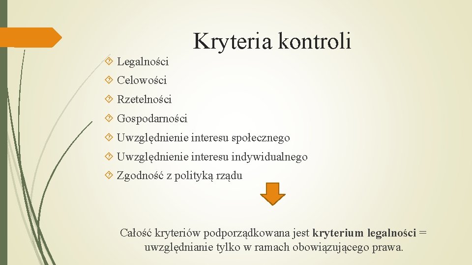 Kryteria kontroli Legalności Celowości Rzetelności Gospodarności Uwzględnienie interesu społecznego Uwzględnienie interesu indywidualnego Zgodność z