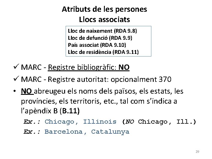 Atributs de les persones Llocs associats Lloc de naixement (RDA 9. 8) Lloc de