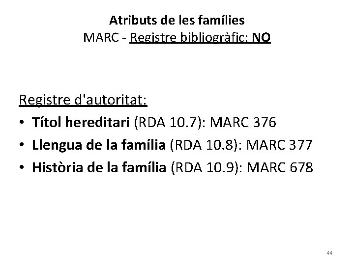 Atributs de les famílies MARC - Registre bibliogràfic: NO Registre d'autoritat: • Títol hereditari