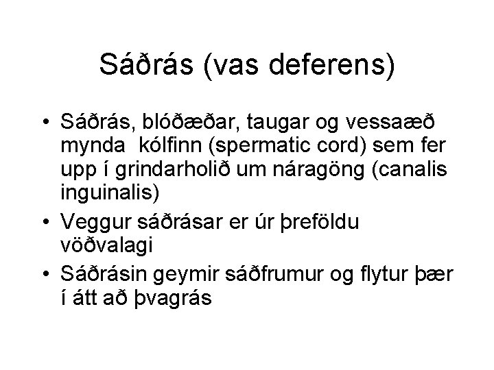 Sáðrás (vas deferens) • Sáðrás, blóðæðar, taugar og vessaæð mynda kólfinn (spermatic cord) sem