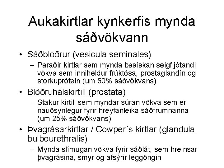 Aukakirtlar kynkerfis mynda sáðvökvann • Sáðblöðrur (vesicula seminales) – Paraðir kirtlar sem mynda basískan