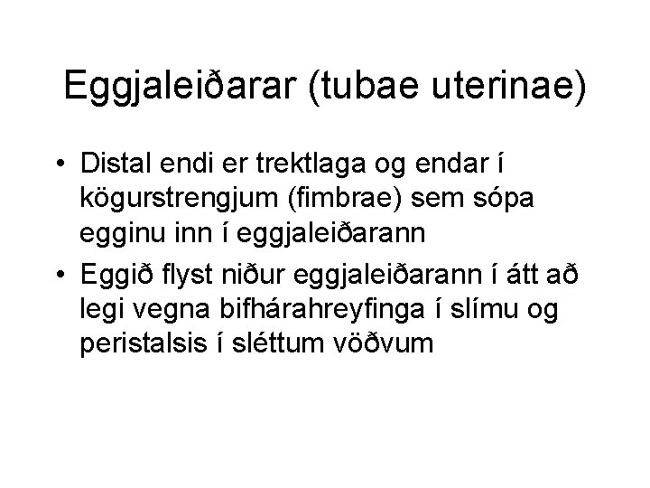 Eggjaleiðarar (tubae uterinae) • Distal endi er trektlaga og endar í kögurstrengjum (fimbrae) sem