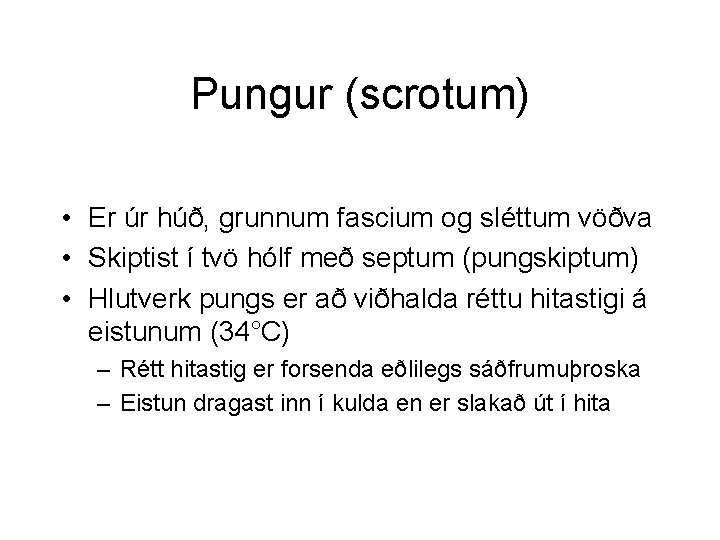 Pungur (scrotum) • Er úr húð, grunnum fascium og sléttum vöðva • Skiptist í