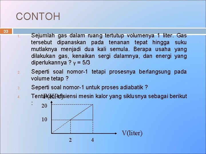 CONTOH 33 1. 2. 3. 4. Sejumlah gas dalam ruang tertutup volumenya 1 liter.