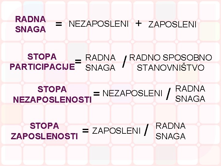 RADNA SNAGA = NEZAPOSLENI STOPA RADNA PARTICIPACIJE= SNAGA / + ZAPOSLENI RADNO SPOSOBNO STANOVNIŠTVO