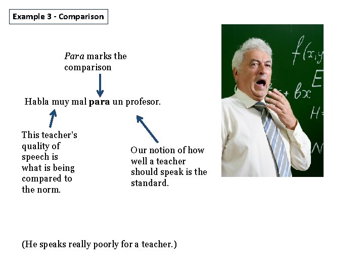 Example 3 - Comparison Para marks the comparison Habla muy mal para un profesor.