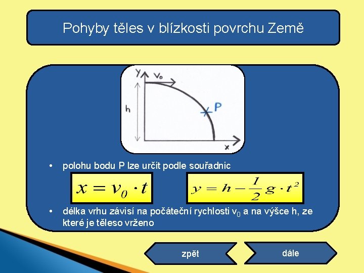 Pohyby těles v blízkosti povrchu Země • polohu bodu P lze určit podle souřadnic