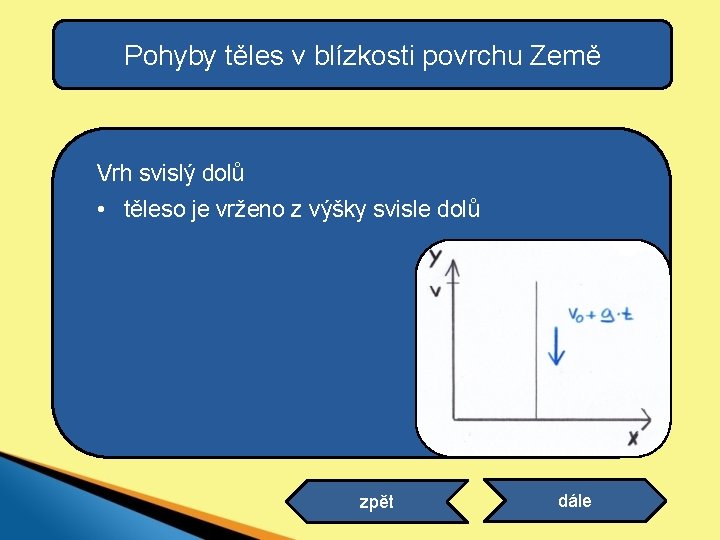 Pohyby těles v blízkosti povrchu Země Vrh svislý dolů • těleso je vrženo z