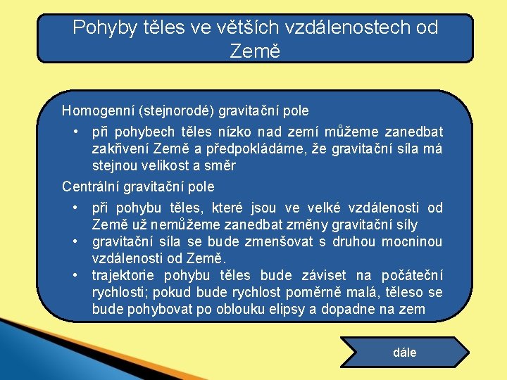 Pohyby těles ve větších vzdálenostech od Země Homogenní (stejnorodé) gravitační pole • při pohybech