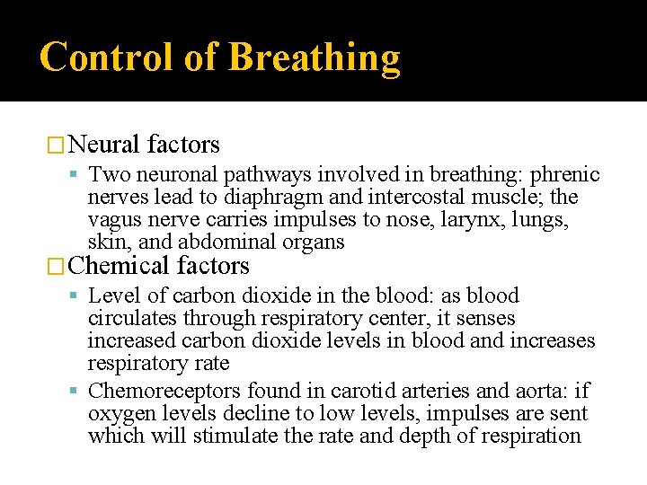 Control of Breathing �Neural factors Two neuronal pathways involved in breathing: phrenic nerves lead