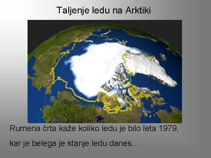 Taljenje ledu na Arktiki Rumena črta kaže koliko ledu je bilo leta 1979, kar