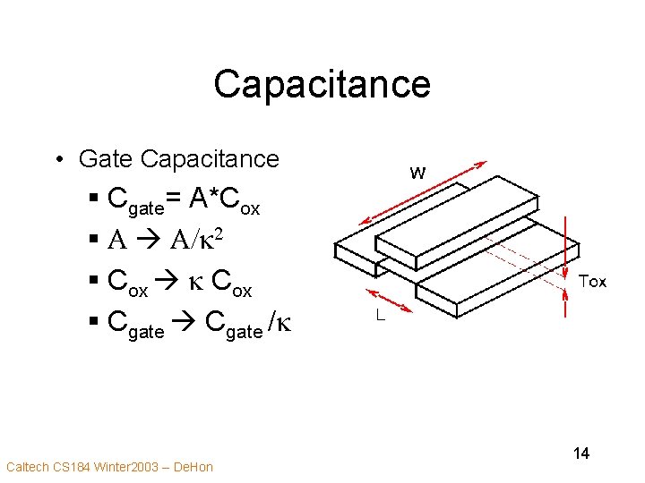 Capacitance • Gate Capacitance § Cgate= A*Cox § A A/k 2 § Cox k