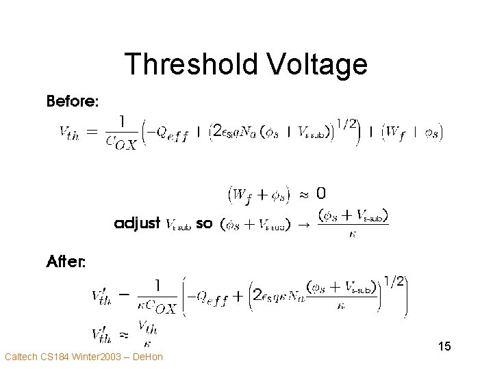 Threshold Voltage Caltech CS 184 Winter 2003 -- De. Hon 15 