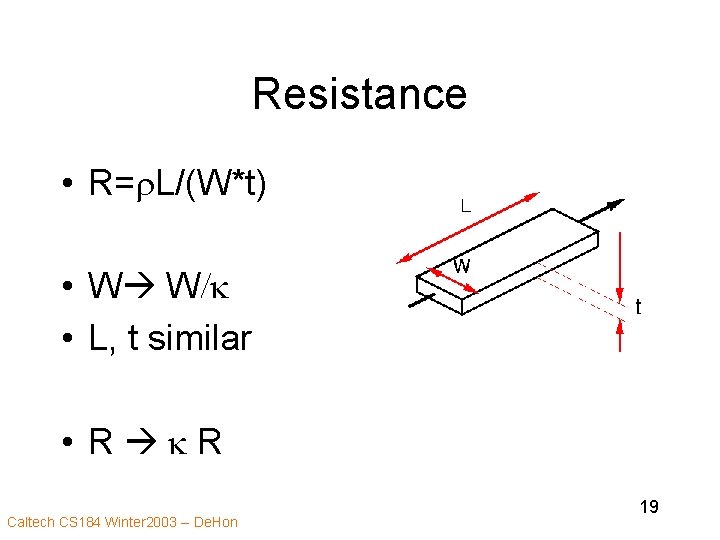 Resistance • R=r. L/(W*t) • W W/k • L, t similar • R k