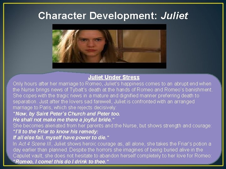 Character Development: Juliet Under Stress Only hours after her marriage to Romeo, Juliet’s happiness