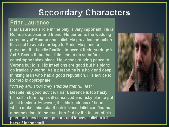 Secondary Characters Friar Laurence’s role in the play is very important. He is Romeo’s