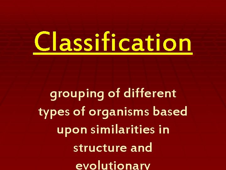 Classification grouping of different types of organisms based upon similarities in structure and evolutionary