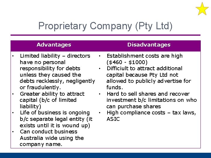 Proprietary Company (Pty Ltd) Advantages • • Limited liability – directors have no personal