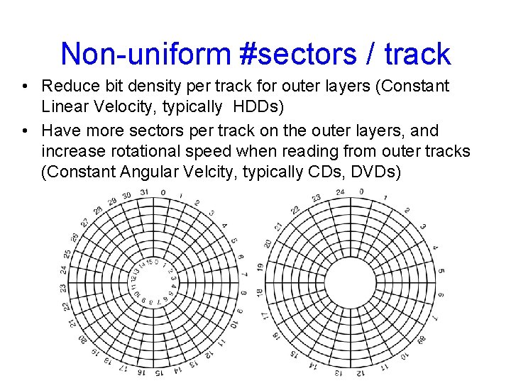 Non-uniform #sectors / track • Reduce bit density per track for outer layers (Constant