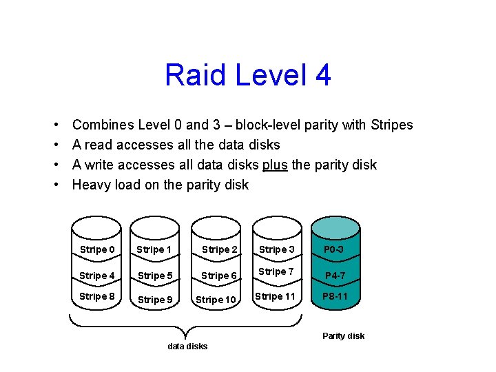 Raid Level 4 • • Combines Level 0 and 3 – block-level parity with