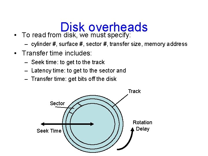  • Disk overheads To read from disk, we must specify: – cylinder #,