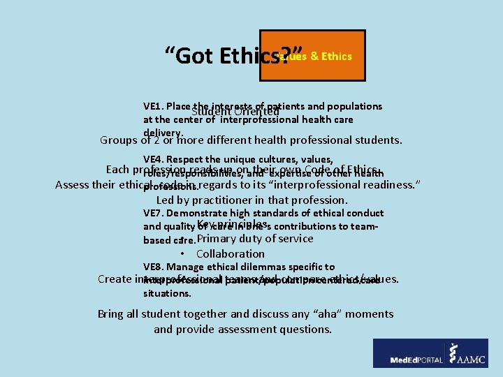 Values & Ethics “Got Ethics? ” VE 1. Place the interests of patients and Values & Ethics “Got Ethics? ” VE 1. Place the interests of patients and