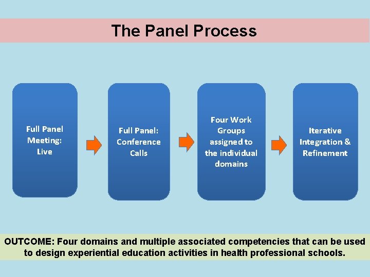 The Panel Process Full Panel Meeting: Live Full Panel: Conference Calls Four Work Groups The Panel Process Full Panel Meeting: Live Full Panel: Conference Calls Four Work Groups