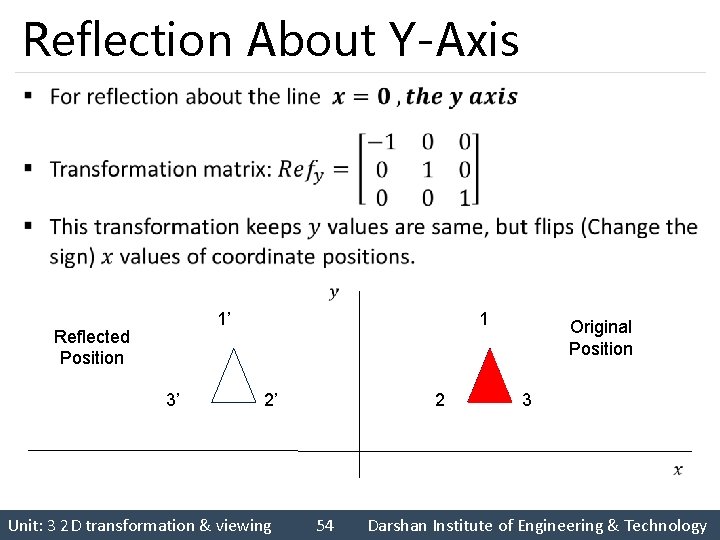 Reflection About Y-Axis § 1’ Reflected Position 3’ 1 2’ 2 Original Position 3