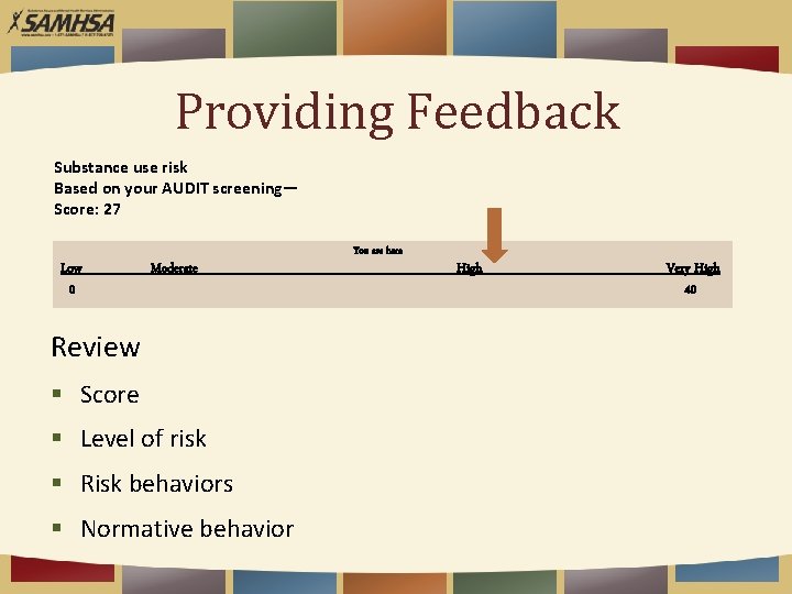 Providing Feedback Substance use risk Based on your AUDIT screening— Score: 27 Low 0