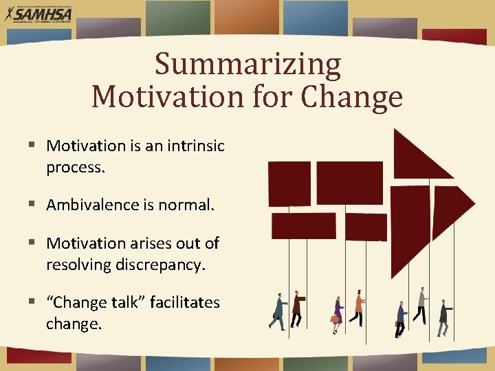 Summarizing Motivation for Change § Motivation is an intrinsic process. § Ambivalence is normal.